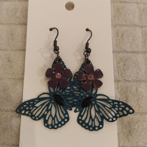 Butterfly earrings new, metal with green and purple stones