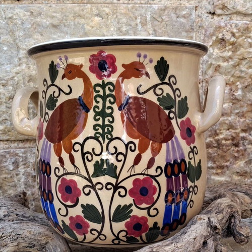 Vintage Handmade Greek Ceramic Vase Pot with Peacock Design, like new