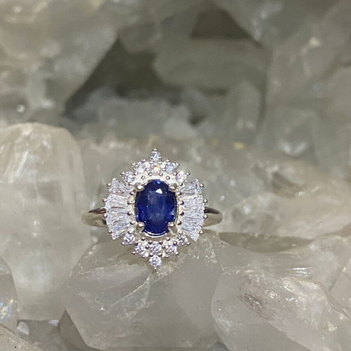 Handmade silver ring with natural blue sapphire and moissanites, new