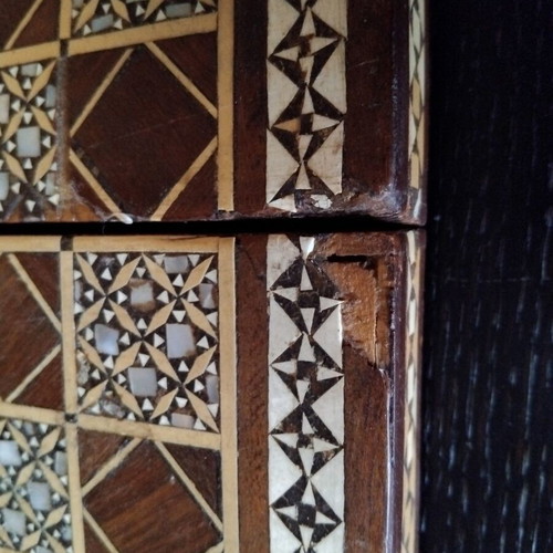 Handmade chess with mother-of-pearl and ancient Egyptian figures used