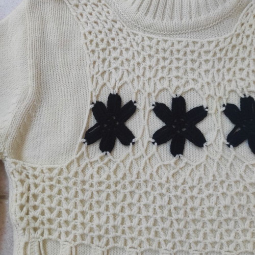 Knitted beige sweater with black flowers, boho style, size S