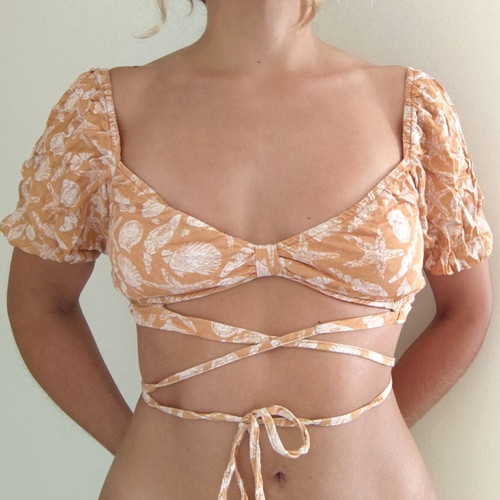 Pull&Bear crop top with balloon sleeves and waist tie, orange, size S