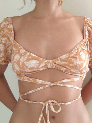 Pull&Bear crop top with balloon sleeves and waist tie, orange, size S