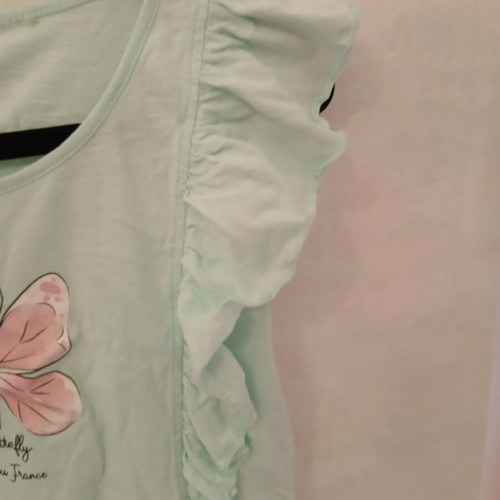Matou France Mint Top with Ruffles and Pink Butterfly