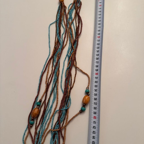 Women's long necklace from beads and wood like new, turquoise and brown