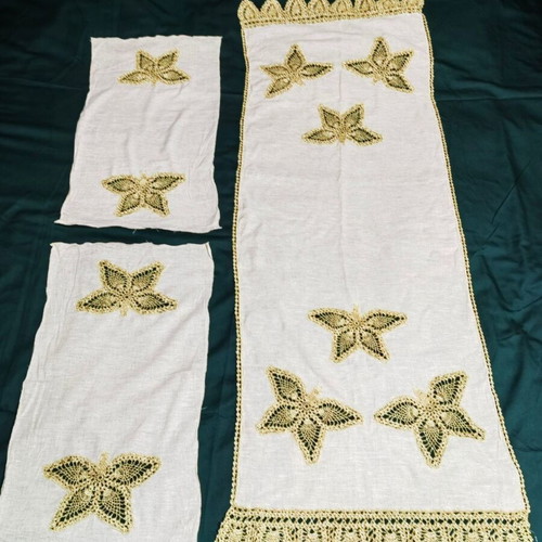 Vintage 60s handmade table runner set with gold butterflies and lace, 2 doilies like new