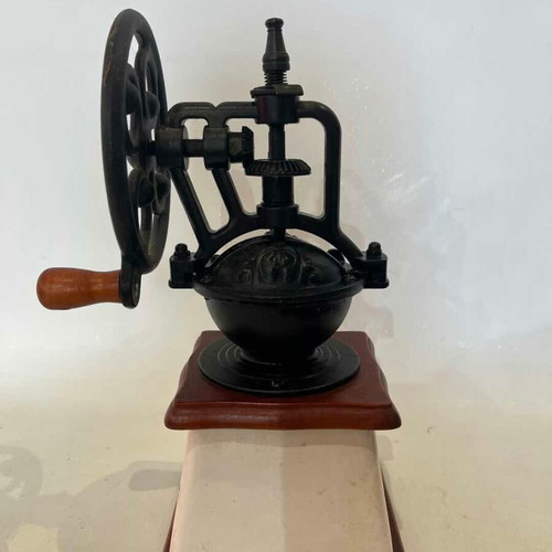 Vintage manual coffee grinder used, porcelain, wood base, cast iron