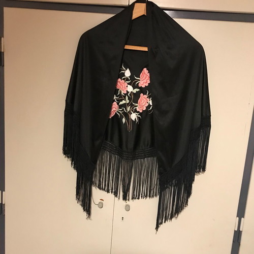 Spanish satin scarf with floral embroidery and fringes new