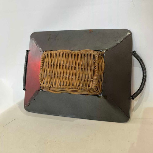 Vintage wicker basket with ceramic mosaic and metal handles used