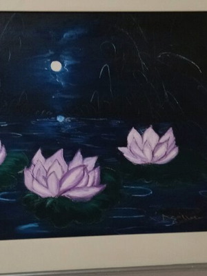 Water Lilies oil painting new, silver frame with white border