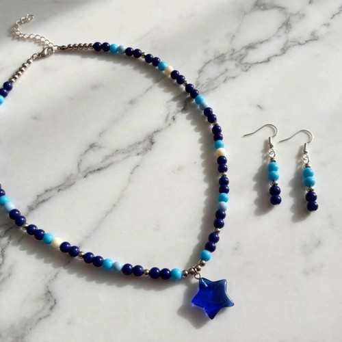 Handmade blue summer necklace and earrings set new
