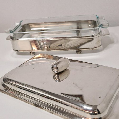 Vintage silver-plated tray with Pyrex used, with base and lid