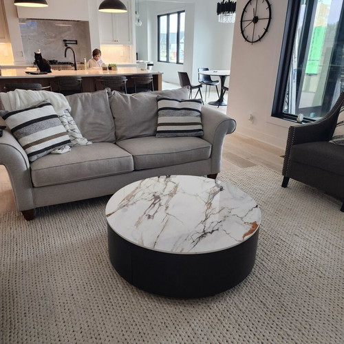 Modern coffee table with oak veneer and sintered stone top, new