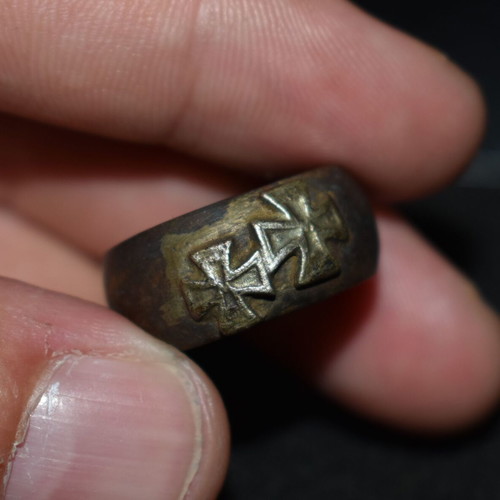 German double iron cross ring used, bronze