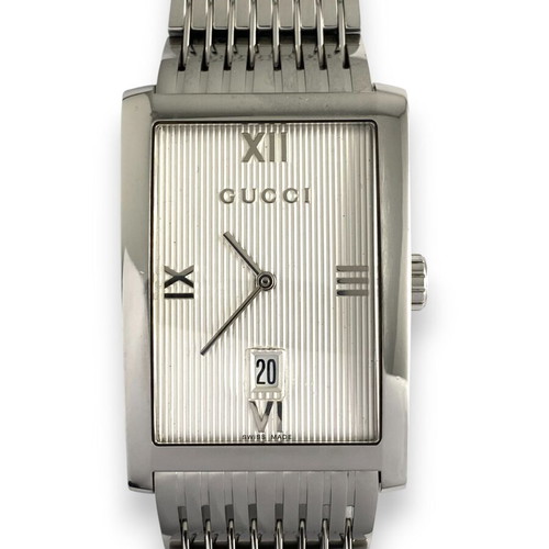 Gucci Logo Rectangular Stainless Steel Bracelet Date Roman Quartz Swiss 8600 M Wrist Watch like new