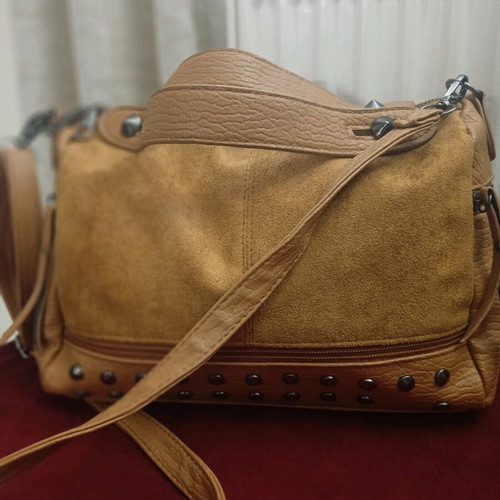 Tan Suede Shoulder Bag with Studs Like New
