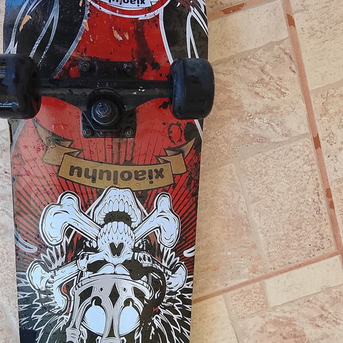 Xiaoluhu skateboard used with rock patina and skulls