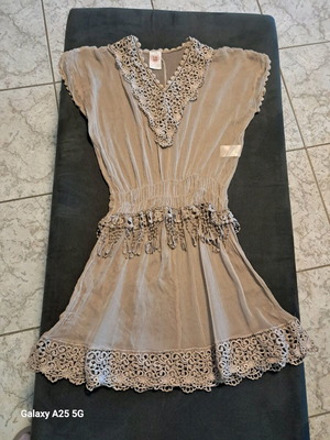 Semi-transparent silk short dress with embroidery LMLULU like new, beige