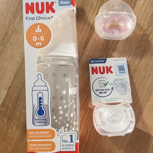 Nuk glass baby bottle and two pacifiers new