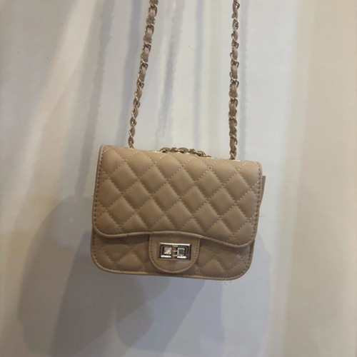 Quilted beige and baby pink nude crossbody bag with gold chain