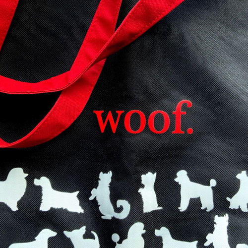The WOOF Tote Bag new, black with white dog prints