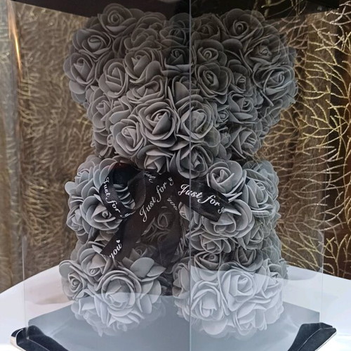 Teddy bear made of artificial roses in gift box new, gray
