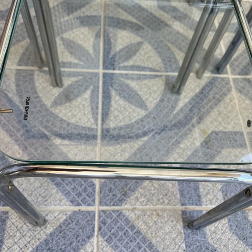 Set of 3 glass and metal coffee tables