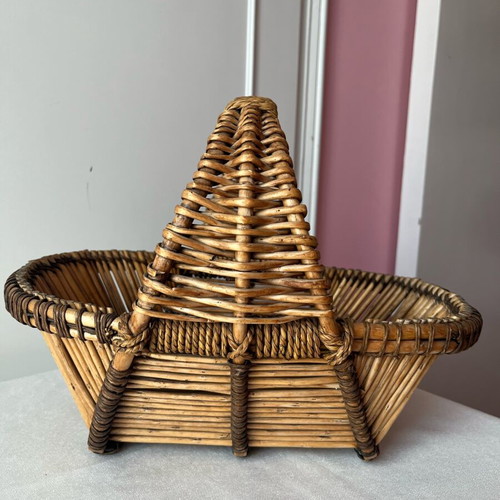 Vintage handmade basket from natural bamboo and rattan used