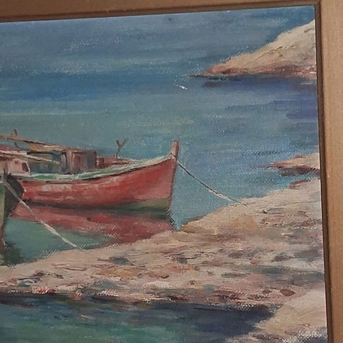Nikos Maniatis Seascape with Traditional Boats Oil Painting on Hardboard