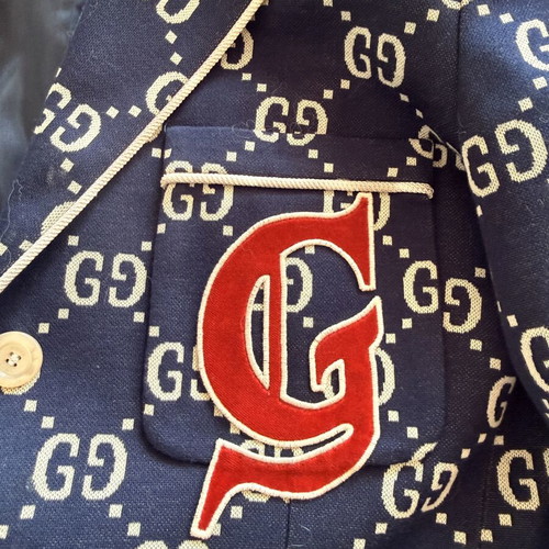 Gucci GG Jacquard Blazer Navy Ivory Wool Jacket Size 42