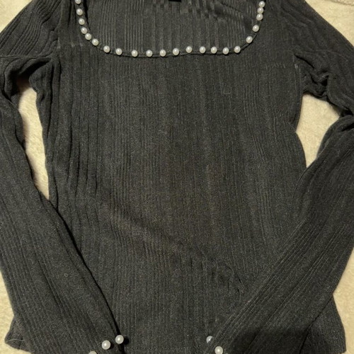 Shein black ribbed long-sleeve top with pearls and square neckline size S