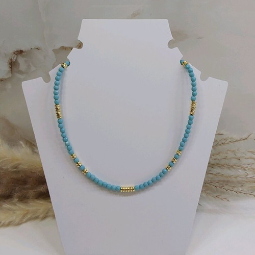 Necklace with semiprecious polygonal agate and hematite stones, steel clasp, new