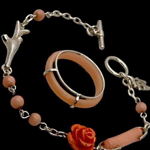 Silver bracelet with coral new, pink and orange