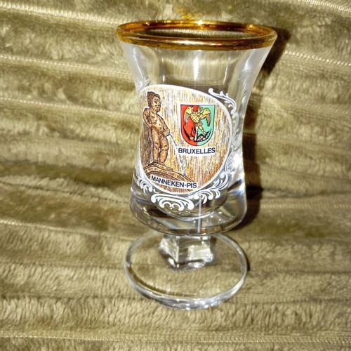 Vintage glass stemmed souvenir shot glass from Brussels like new