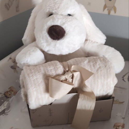 Fleece baby cuddle blanket with plush puppy 75x90 beige