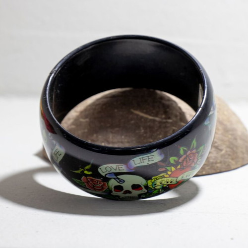 Ed Hardy black acrylic bangle bracelet with “Love Life Skull Rose Dragon” design like new