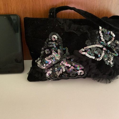 Vintage Black Velvet Handbag with Embroidered Sequins and Tulle like new