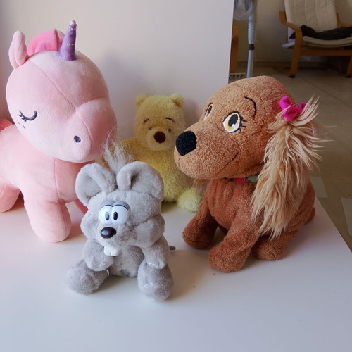 Set of 4 Plush Toys including Interactive Dog with Sound, Unicorn, Winnie & Mouse