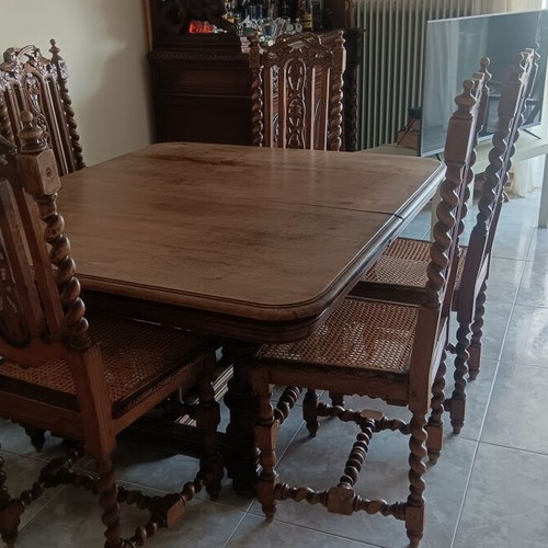 French antique Henry II Louis XIII dining set, walnut and oak, 6 chairs