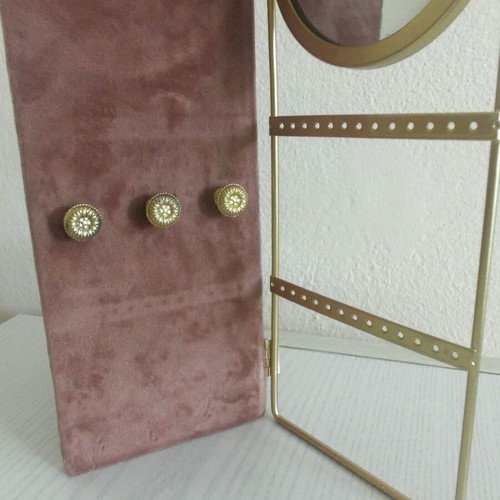 Jewelry Stand with Metal Frame and Round Mirror used, gold color