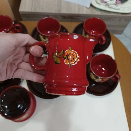 Hand-painted ceramic tea set with 6 cups, saucers, creamer and sugar bowl