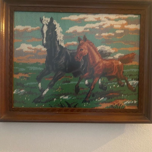 Embroidered painting like new with brown wooden frame and horses