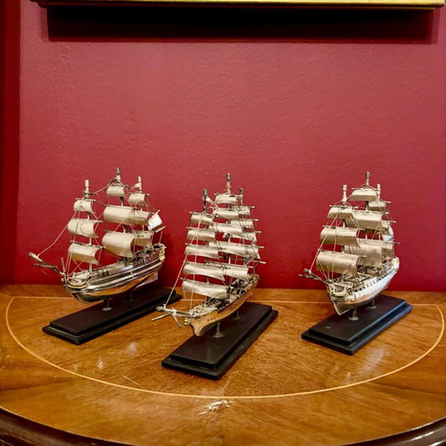 Set of 3 metal sailing ships used, vintage captain's collection