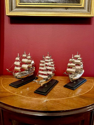 Set of 3 metal sailing ships used, vintage captain's collection