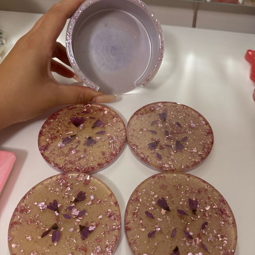 Coasters Made of Resin with Purple Flower and Gold Leaf Design