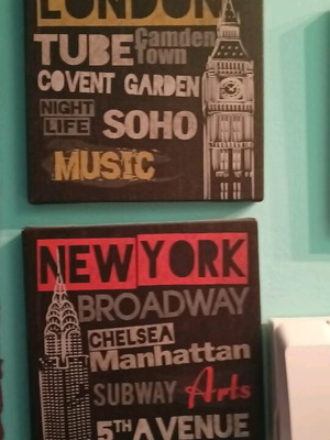 Set of small square wall art with London, New York and Paris theme new