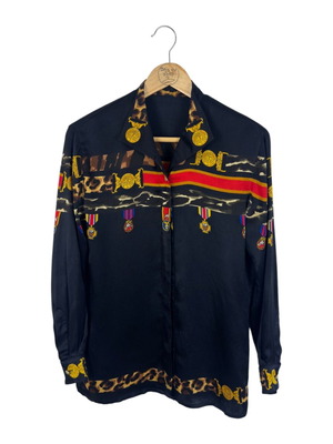 Escada silk shirt with animal print and medals like new S/M