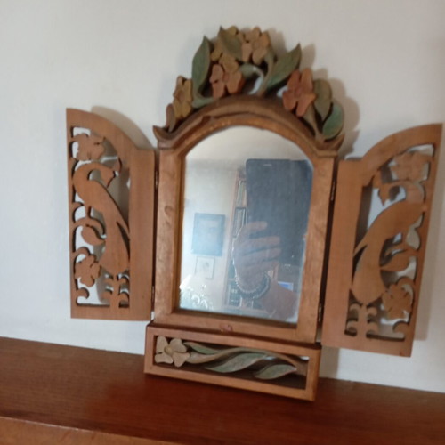 Woodcarved mirror by Antonis Roussos, Parian artist, 27x14 cm