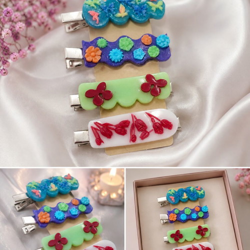 Handmade resin hair clip set of 4, colorful designs