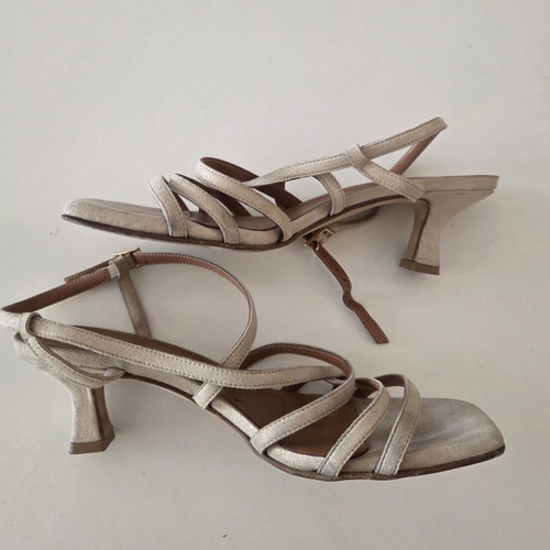 Emilio Sarto Strappy Square Toe Heel Sandals used, champagne metallic
